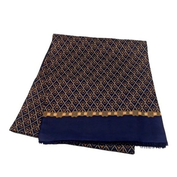 Paolo Gucci Italian Silk Wool Navy Blue Fringed Oblong Scarf - Picture 1 of 6